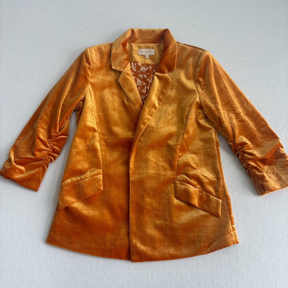 Skies Are Blue Velvet Blazer Jacket Women's XS Gold Orange 3/4 Sleeve Party